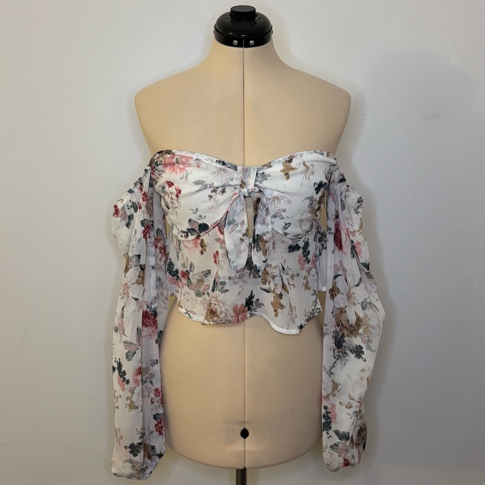 Nasty Gal Grow Away Floral Off The Shoulder Top, Long Sleeve Keyhole Crop Top, 8